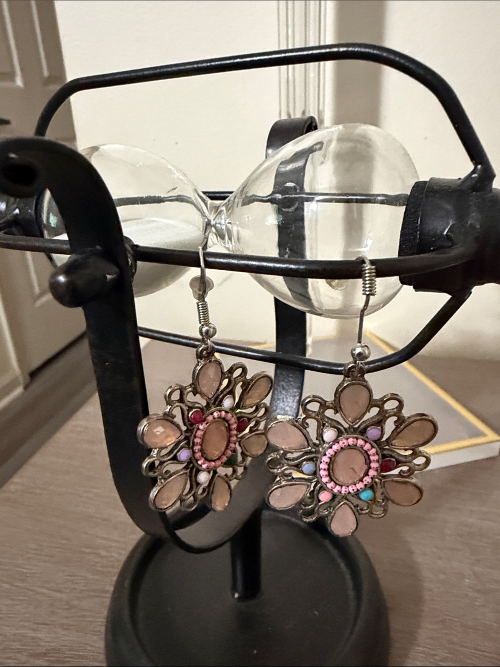 Vintage Pink and Beige Floral Drop Earrings - Women Jewelry